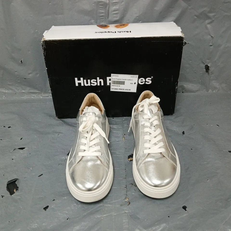 BOXED PAIR OF HUSH PUPPIES WOMENS CAMILLE LACE CUPSOLE SILVER UK 5 