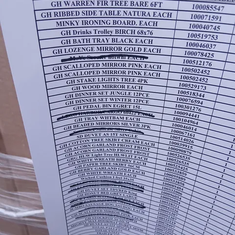 PALLET OF APPROXIMATELY 30 ASSORTED PRODUCTS TO INCLUDE; WARREN FIR TREE, MINKY IRONING BOARD, PEDAL BIN, BERRY GARLAND AND DINNER SET
