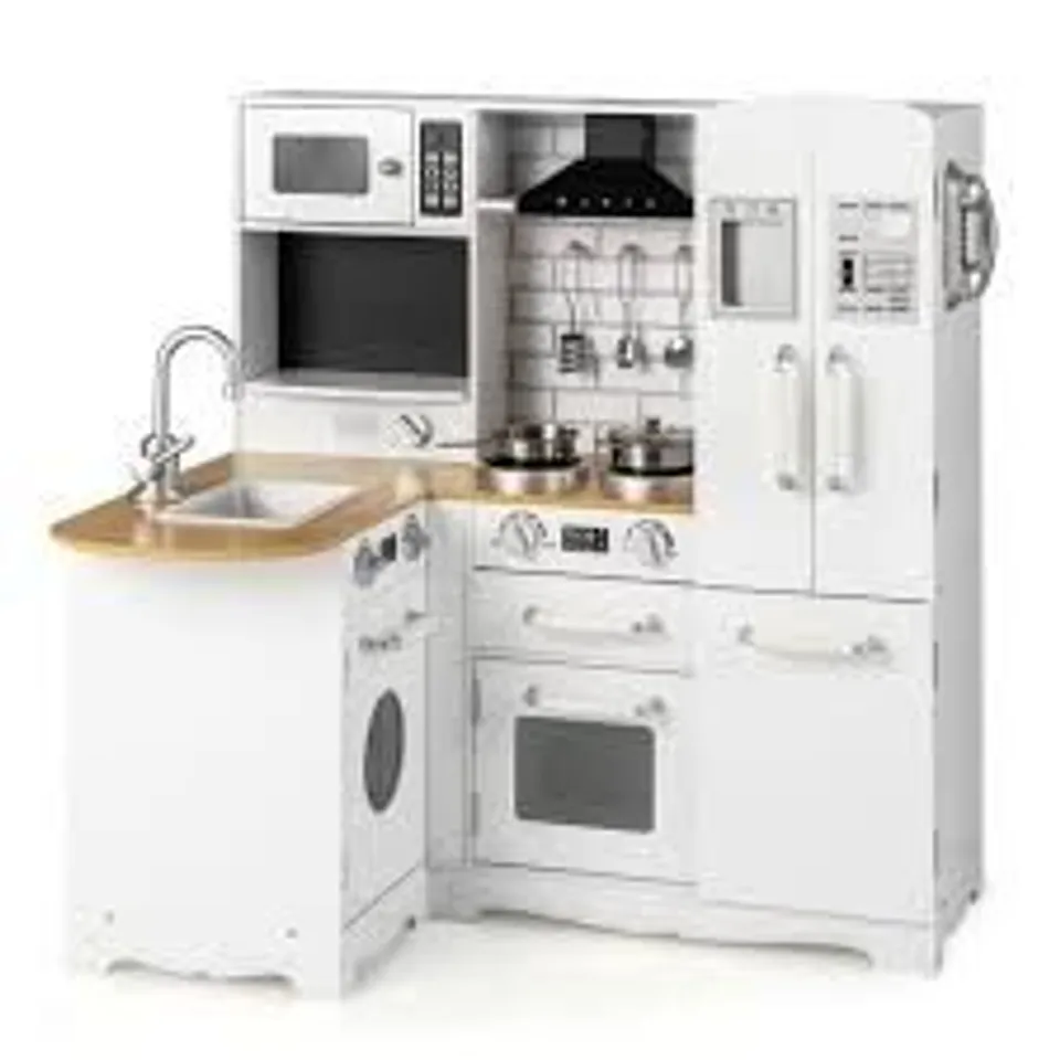 COSTWAY KID'S CORNER KITCHEN PLAYSET WOODEN PLAY KITCHEN WITH RANGE HOOD-WHITE