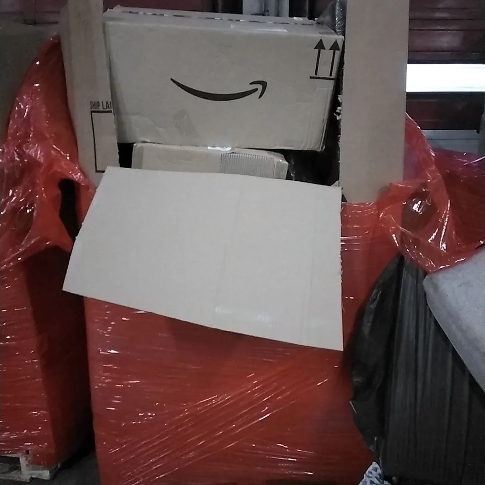 PALLET OF HOUSEHOLD ITEMS TO INCLUDE CHILDREN'S TRICYCLE, FLOATING SHELF,METAL BED FRAME, RUG AND OTHER ASSORTED ITEMS...