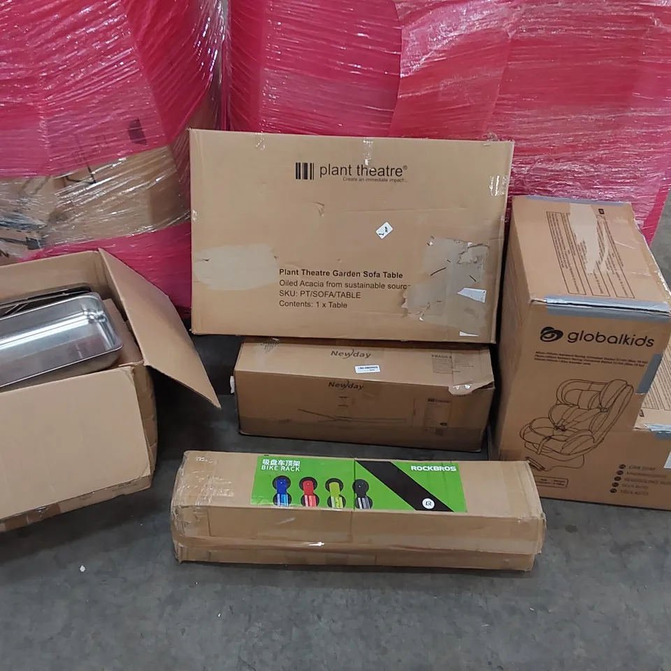 PALLET OF ASSORTED CONSUMER GOODS AND FURNITURE PRODUCTS TO INCLUDE; KIDS CAR SEAT, CEILING FAN, ACACIA WOOD GARDEN TABLE, BIKE RACK, STORAGE TROLLEY ECT.