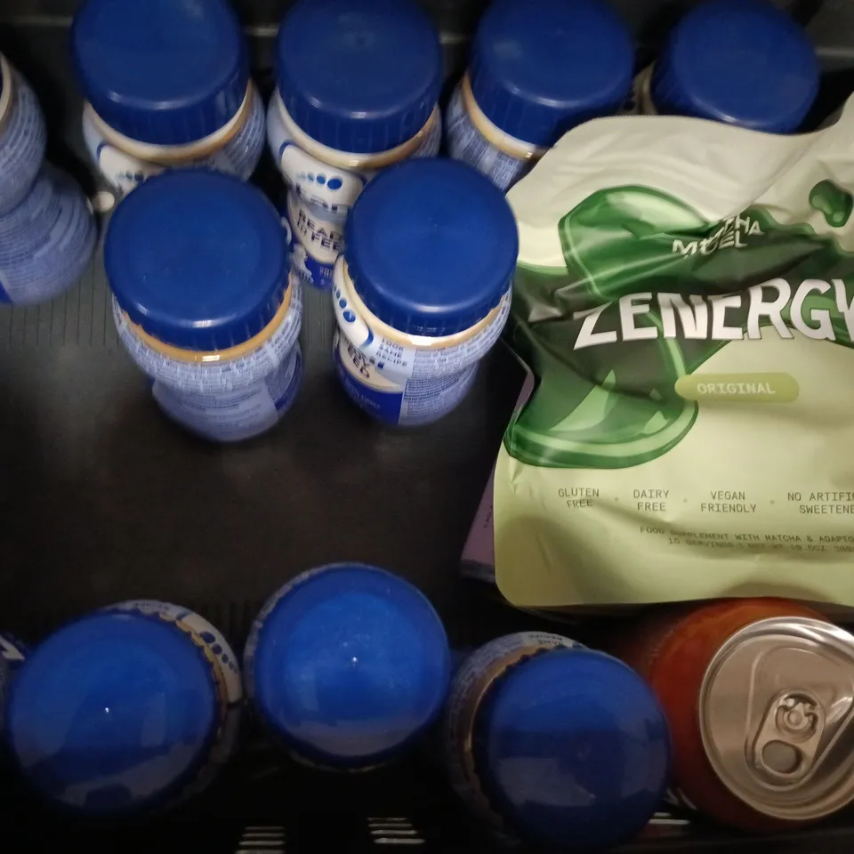 APPROXIMATELY 10 ASSORTED FOOD AND DRINK ITEMS TO INCLUDE TRIP, HUEL, APTAMIL, ETC