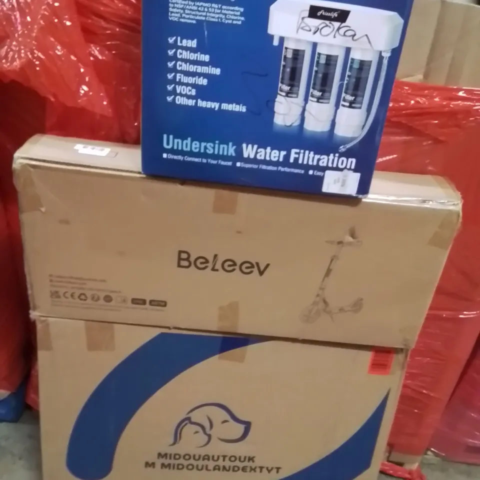 PALLET OF ASSORTED HOUSEHOLD GOODS AND PRODUCTS TO INCLUDE;UNDERSINK WATER FILTRATION,DOGS PLAYPEN,KIDS SCOOTER