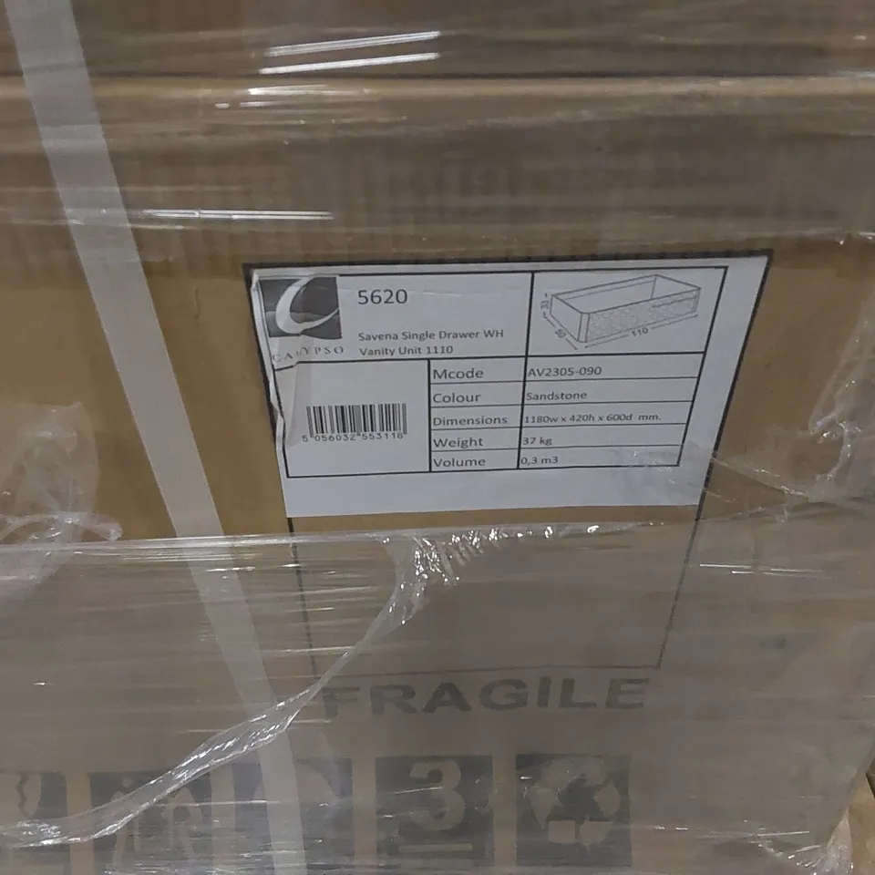 PALLET CONTAINING A LARGE QUANTITY OF ASSORTED BATHROOM FURNITURE PARTS INCLUDING: SAVENA SINGLE DRAWER VANITY BASES, BRENTA WALL HUNG VANITY BASE, CHELWORTH VANITY BASE, CALYPSO BASE CARCASS ECT