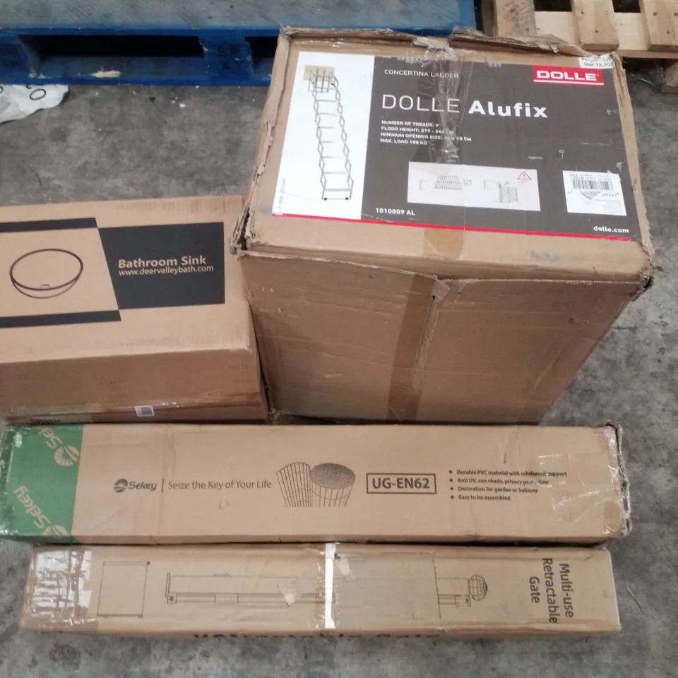 PALLET CONTAINING ASSORTED PRODUCTS INCLUDING BATHROOM SINK, CONCERTINA LADDER, PVC PRIVACY FENCE & MULTI-USE RETRACTABLE GATE