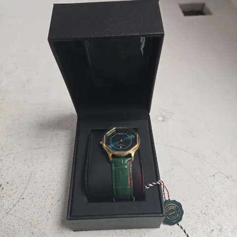 GAMAGES LONDON WRISTWATCH – GOLD-TONE CASE, GREEN GENUINE LEATHER STRAP