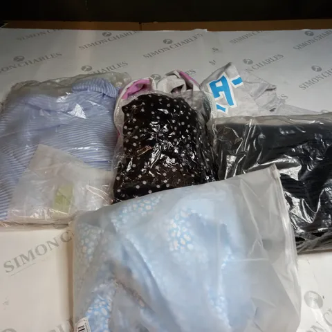 BOX OF ASSORTED CLOTHING ITEMS TOO INCLUDE DRESSES , SHIRTS AND TROUSERS IN VARIOUS SIZES AND COLOURS