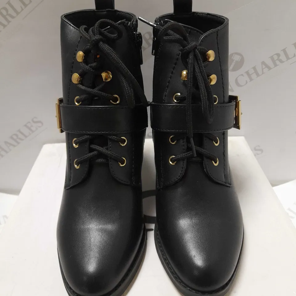 KOI STACKED HEEL BLACK FAUX LEATHER GOLD BUCKLE BOOTS - SIZE 3