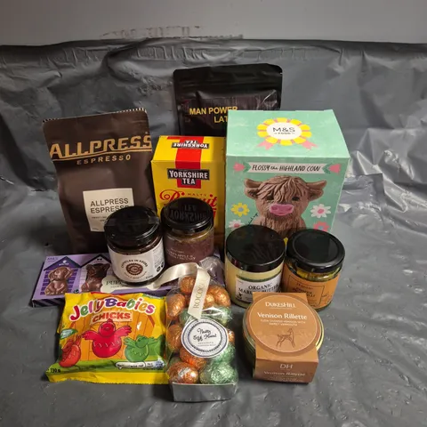 APPROXIMATELY 15 ASSORTED FOOD AND DRINK PRODUCTS TO INCLUDE - M&S CHOCOLATE COW - JELLY BABIES CHICKS - ALLPRESS ESPRESSO - ETC