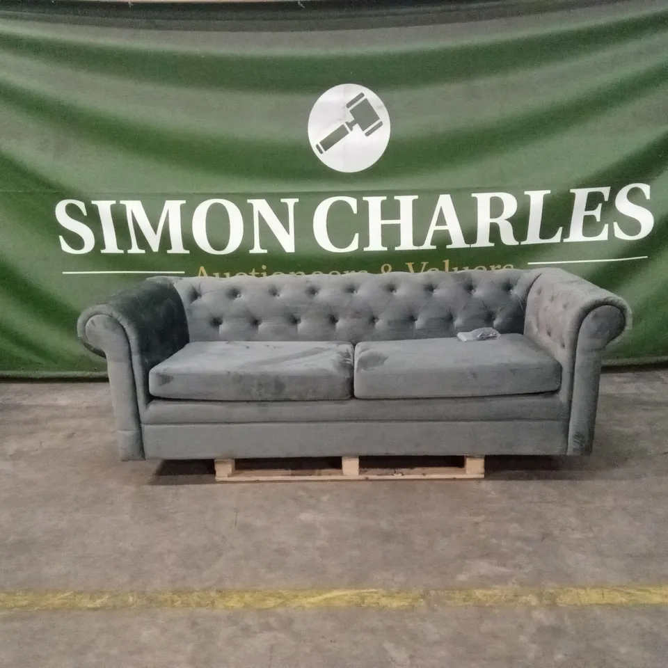 QUALITY DESIGNER 3 SEATER CHESTERFIELD SOFA BED - CHARCOAL VELVET