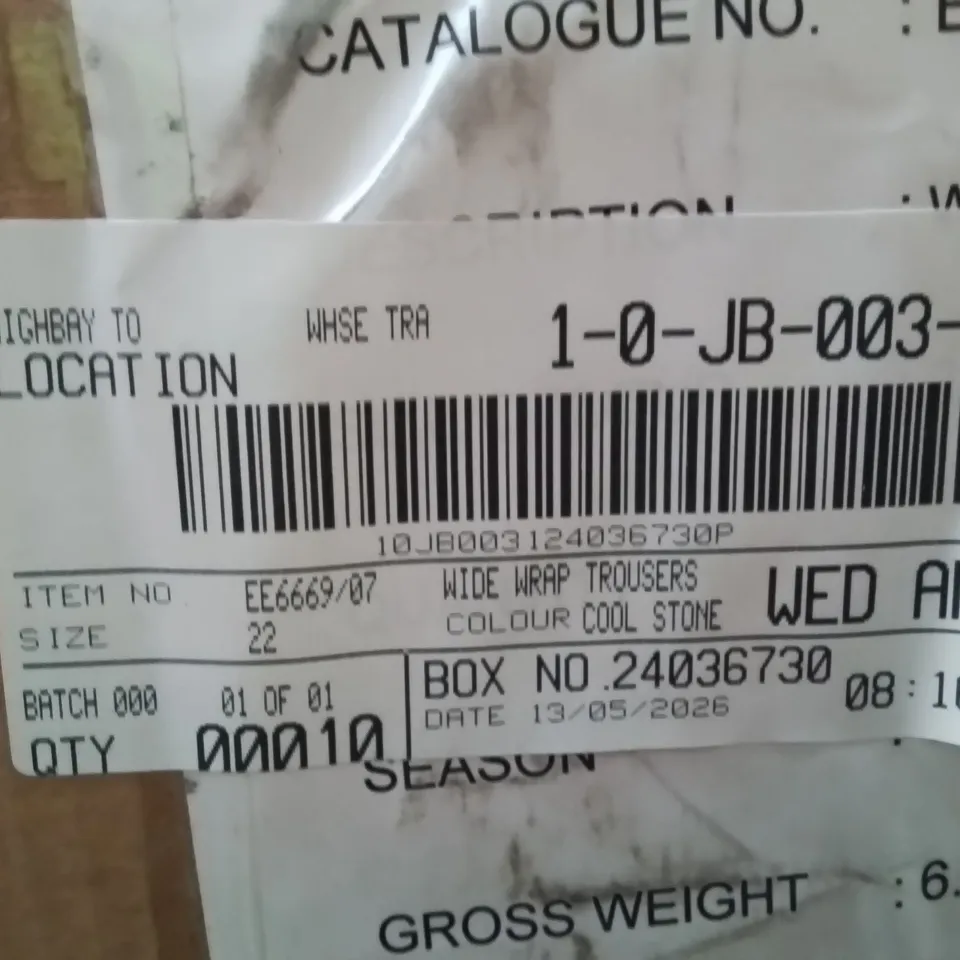 BOXED BRAND NEW APPROXIMATELY 10 JD WILLIAMS WIDE WRAP TROUSERS COOL STONE SIZE 22