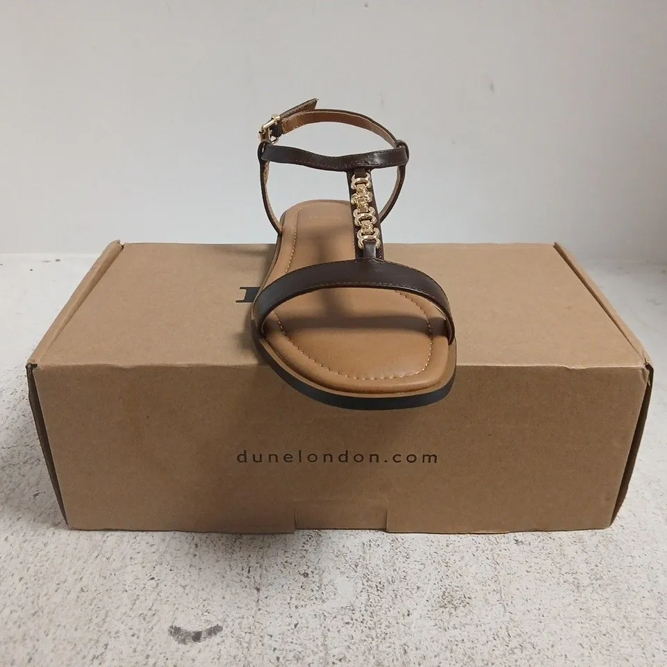 BOXED PAIR OF DUNE LONDON SANDALS IN BROWN SIZE 5