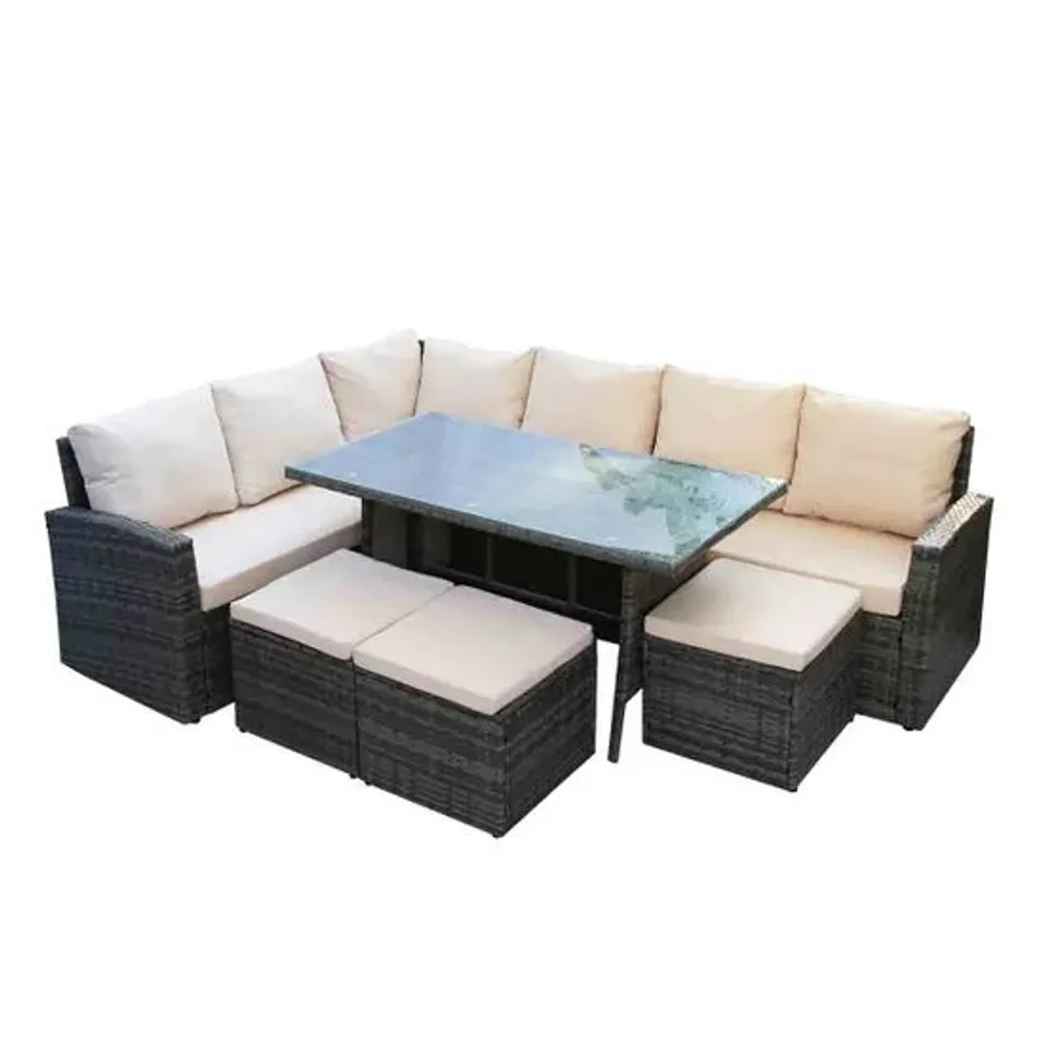 BOXED PELIAS - RATTAN CORNER SOFA & DINING SET - 9 SEATER - GREY