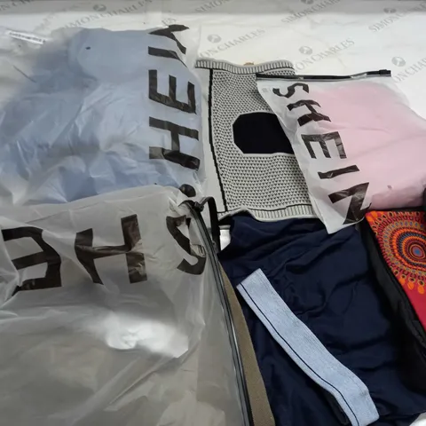 BOX OF ASSORTED CLOTHING ITEMS TOO INCLUDE JUMPERS, SHIRTS AND TROUSERS IN VARIOUS SIZES AND COLOURS