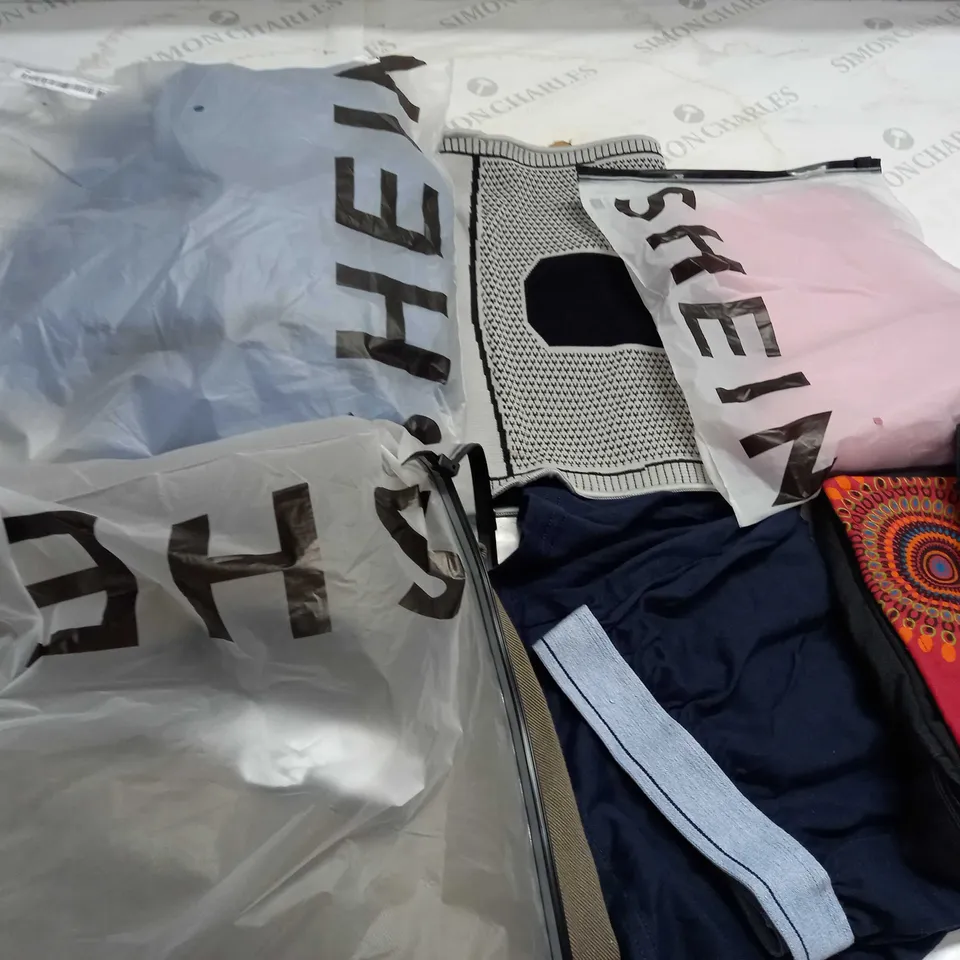 BOX OF ASSORTED CLOTHING ITEMS TOO INCLUDE JUMPERS, SHIRTS AND TROUSERS IN VARIOUS SIZES AND COLOURS   