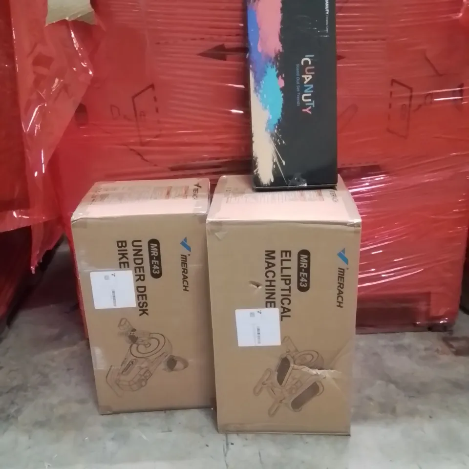 PALLET OF ASSORTED HOUSEHOLD GOODS AND PRODUCTS TO INCLUDE;UNDER DESK BIKE,ELLIPTICAL MACHINE,DISPLAY CASES 