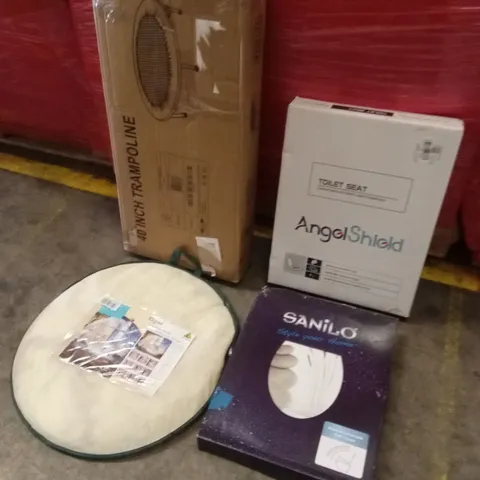 PALLET OF ASSORTED HOUSEHOLD GOODS AND PRODUCTS TO INCLUDE; MOSQUITO NET, TOILET SEATS, TRAMPOLINE, BOXED FURNITURE ETC