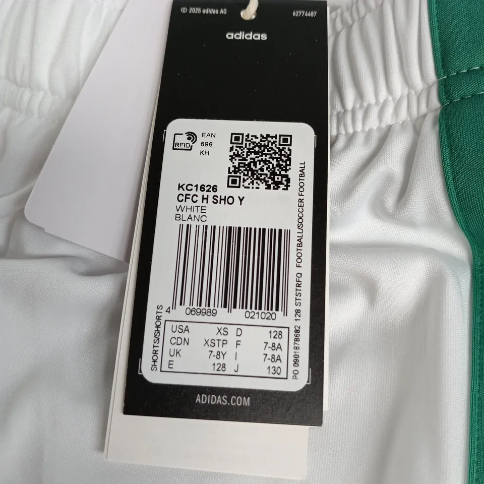 ADIDAS CELTIC FC WHITE/GREEN SHORTS CHILDRENS AGE 7 - 8 YEARS