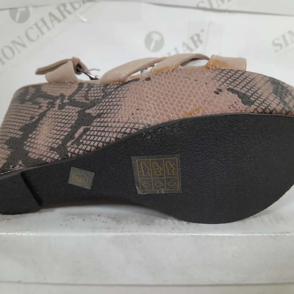 BOXED PAIR OF KRUSH OPEN TOE STRAP PLATFORM SHOES IN MINK - SIZE 5