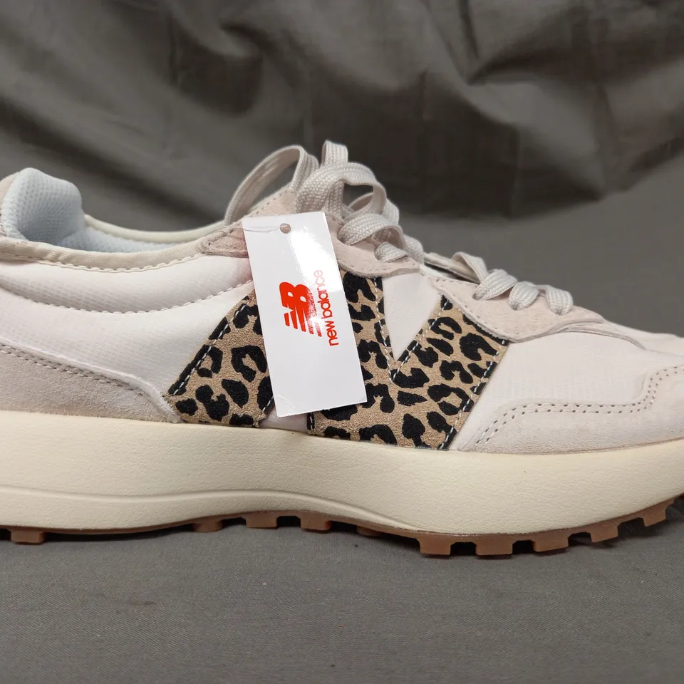 BOXED PAIR OF NEW BALANCE 327 SHOES IN CREAM/LEOPARD PRINT UK SIZE 7.5