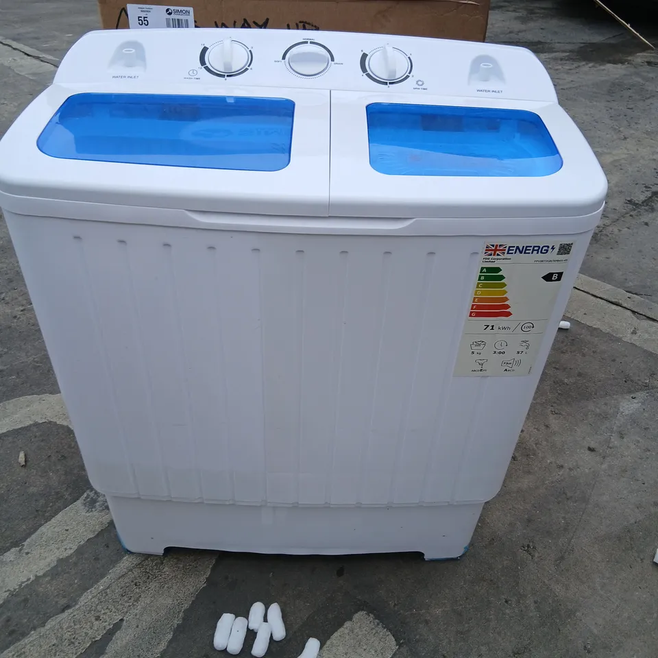 TWIN-TUB WASHING MACHINE FP10872GB – WHITE WITH BLUE LIDS