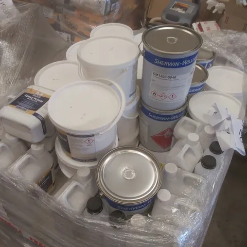 PALLET CONTAINING A VERY LARGE QUANTITY OF ASSORTED BUILDING SUPPLIES INCLUDING: BALL STOP GAP LIQUID, MARLDON EPOXY PRIMER, SATIN LACQUER FOR FLOORING ECT