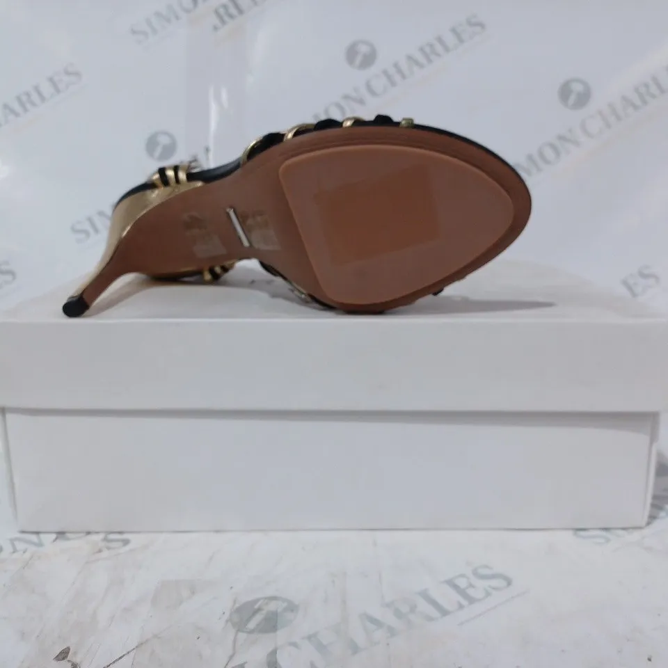 BOXED PAIR OF REISS CASSIDY STRAPPY HEELS IN BLACK/GOLD SIZE 5