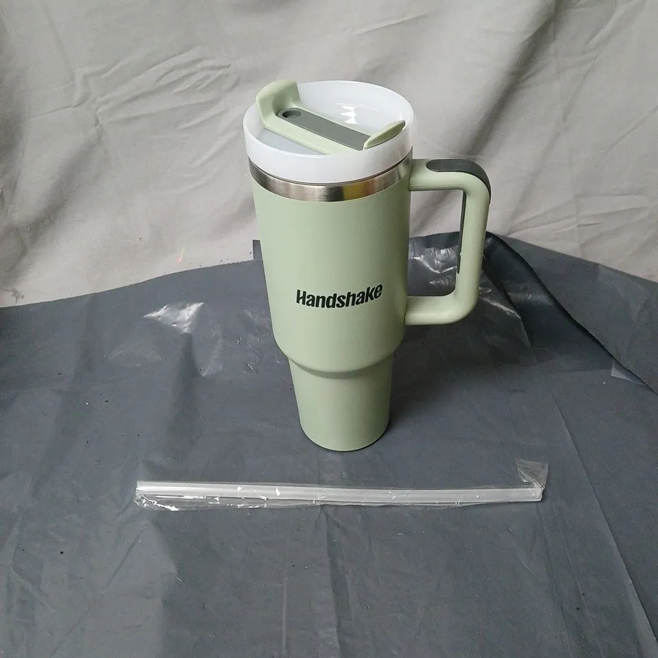 HANDSHAKE TRAVEL MUG – MINT GREEN WITH WHITE LID 