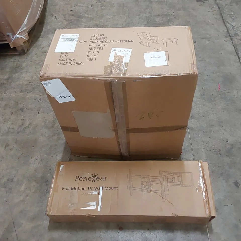 PALLET OF ASSORTED HOUSEHOLD ITEMS AND CONSUMER PRODUCTS. INCLUDING; TV WALL MOUNT, ROCKING CHAIR, OFFICE/GAMING CHAIR, BOXED FURNITURE ETC 