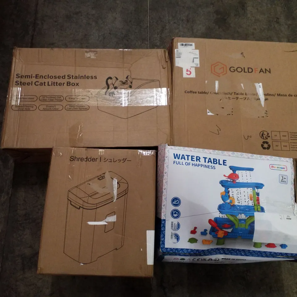 PALLET OF ASSORTED PRODUCTS INCLUDING COFFEE TABLE, WATER TABLE, SHREDDER, CAT LITTER BOX, DRYWALL SANDER