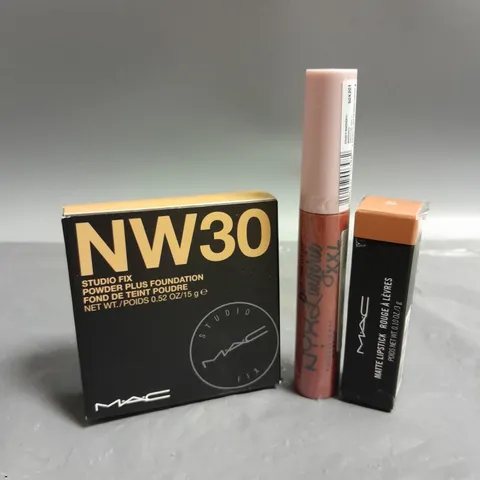 LOT OF 3 COSMETIC PRODUCTS TO INCLUDE - MAC STUDIO FIX POWDER FOUNDATION - MAC MATTE LIPSTICK - NYX MATTE LIQUID LIPSTICK
