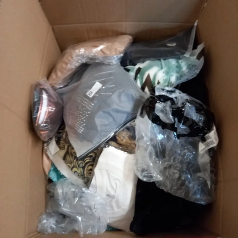 BOX OF ASSORTED CLOTHING ITEMS TOO INCLUDE JUMPERS, SHIRTS AND TROUSERS IN VARIOUS SIZES AND COLOURS