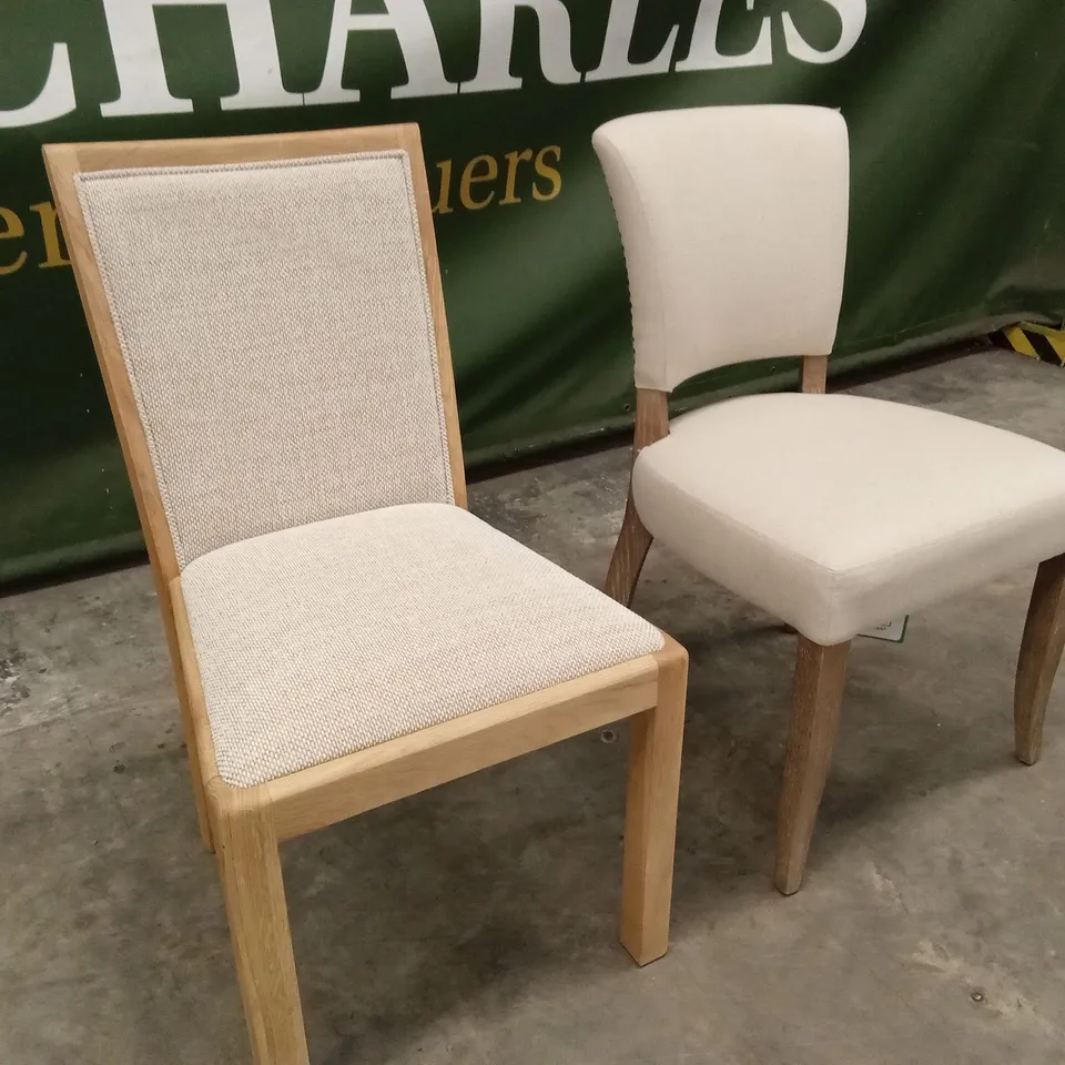 2 x DESIGNER WOOD AND FABRIC UPHOLSTERED DINING CHAIRS