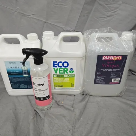 LOT OF 4 HOUSEHOLD LIQUIDS TO INCLUDE SCOTTISH FINE SOAPS HAND WASH REFILL 5L - PURE GRO SPIRIT VINEGAR 5L - MINIMAL SURFACE CLEANER 750ML AND ECOVER WASHING UP LIQUID 5L - 
