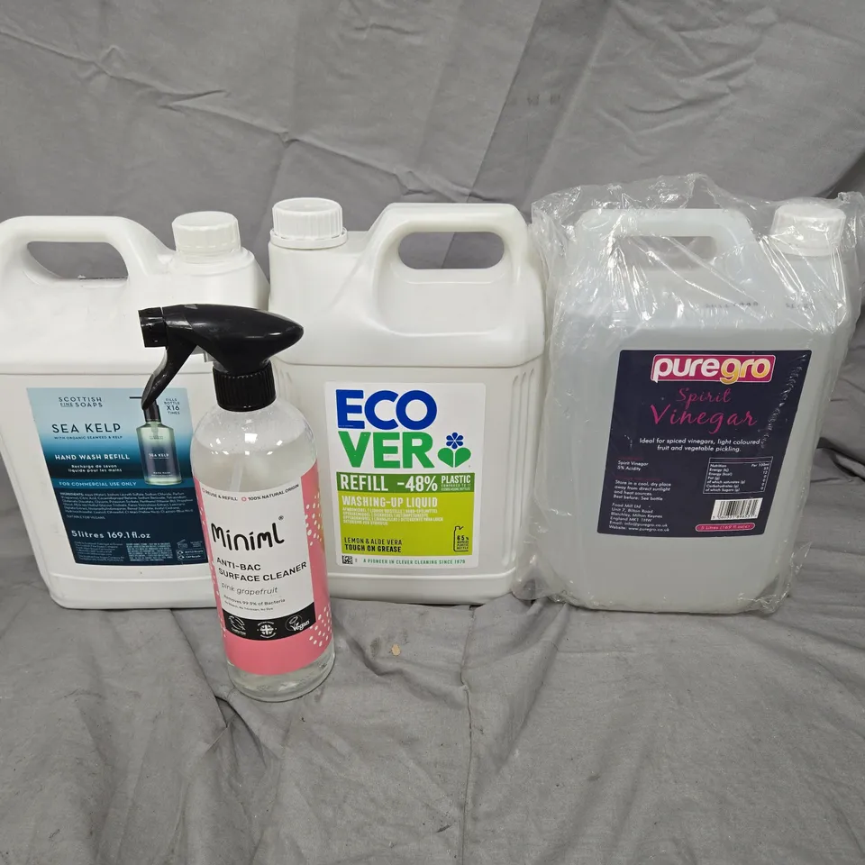 LOT OF 4 HOUSEHOLD LIQUIDS TO INCLUDE SCOTTISH FINE SOAPS HAND WASH REFILL 5L - PURE GRO SPIRIT VINEGAR 5L - MINIMAL SURFACE CLEANER 750ML AND ECOVER WASHING UP LIQUID 5L - 