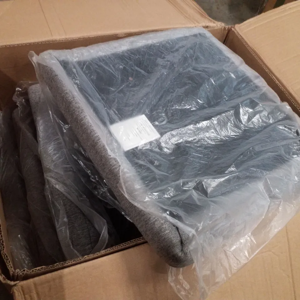 BOX CONTAINING SET OF 4 GREY FABRIC DINING CHAIRS (NO LEGS)