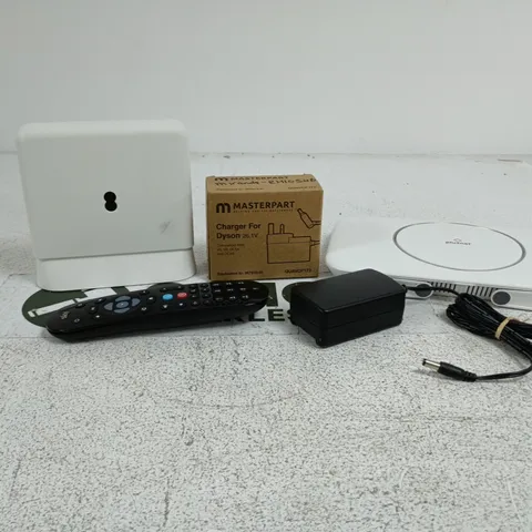 TOTE OF APPROXIMATELY 15 ASSORTED ITEMS TO INCLUDE PLUSNET ROUTER, MASTERPART CHARGER, SKY REMOTE CONTROL, POWER SUPPLIES ETC