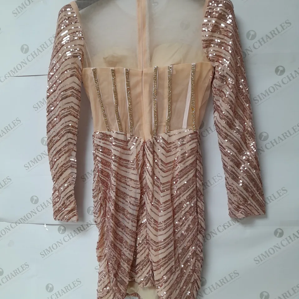 SEQUINED RHINESTONED CORSET DRESS WITH MESH DETAIL IN FLESH PINK 