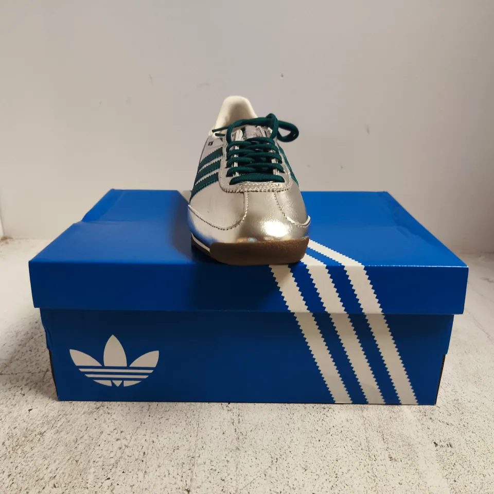 BOXED PAIR OF ADIDAS SL 72 OG TRAINERS IN METALLIC SILVER/DEEP TEAL SIZE UK 5