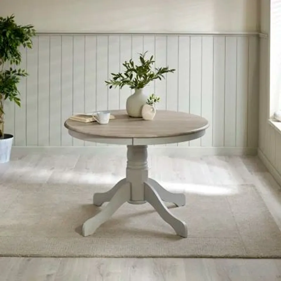 BOXED BALE WHITEWASHED AND LIGHT GREY WOODEN DINING TABLE (2 BOXES)