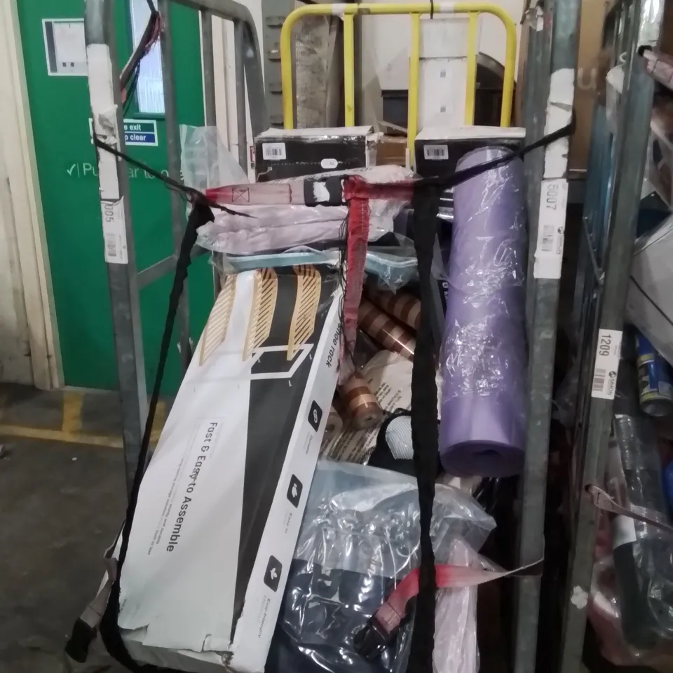 CAGE OF ASSORTED HOUSEHOLD GOODS AND PRODUCTS TO INCLUDE;SHOE RACK,YOGA MAT,HEATED THROW 