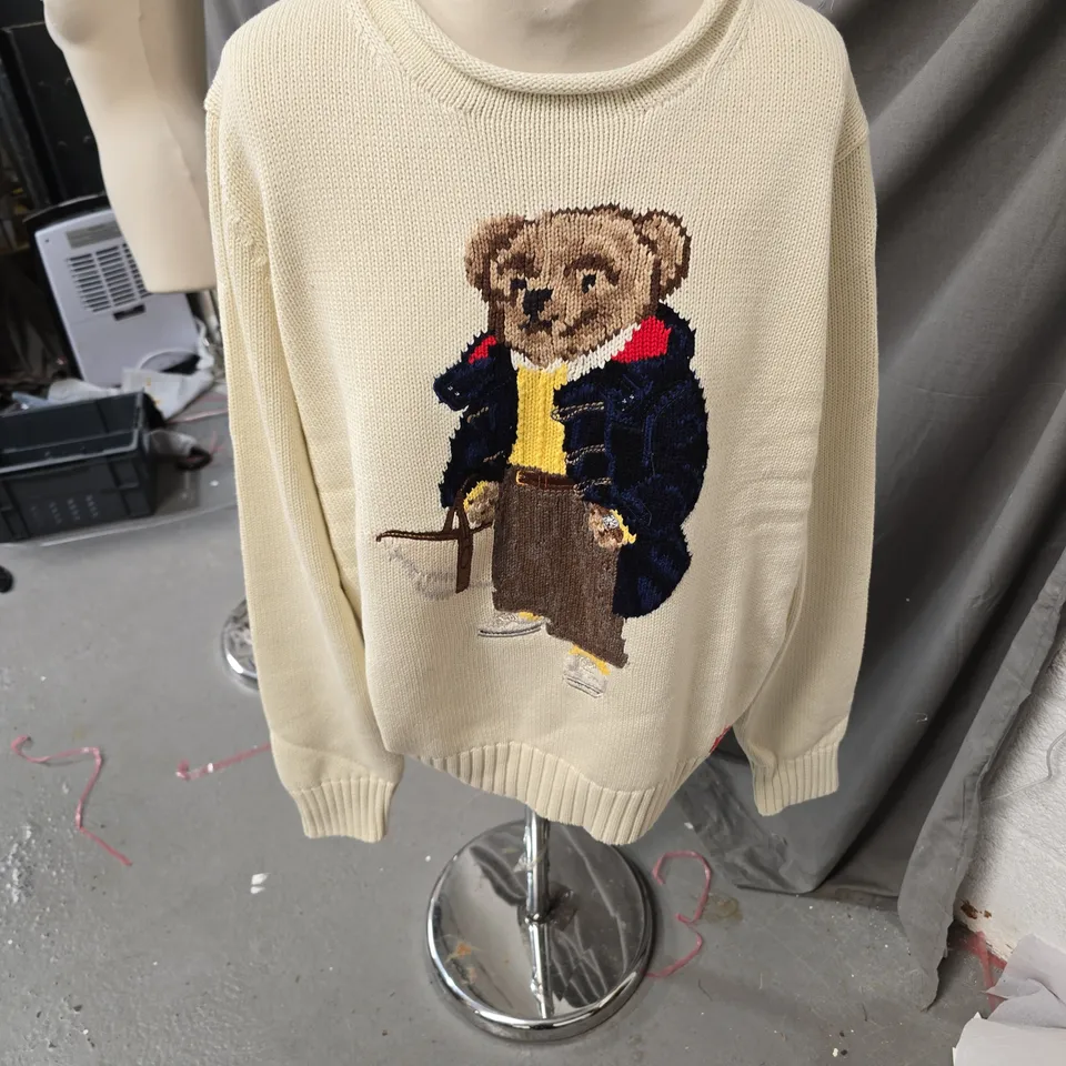POLO RALPH LAUREN BEAR KNIT SWEATER – CREAM, SIZE L, MEN’S