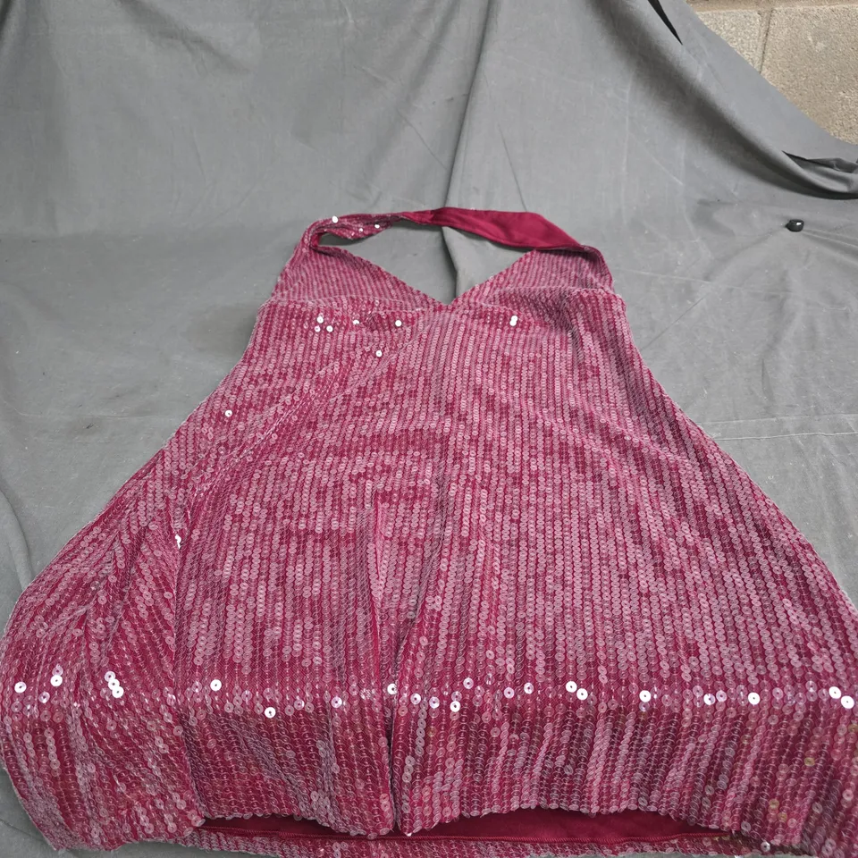 MOTEL HALTER DRESS CLEAR SEQUIN MAROON SIZE L