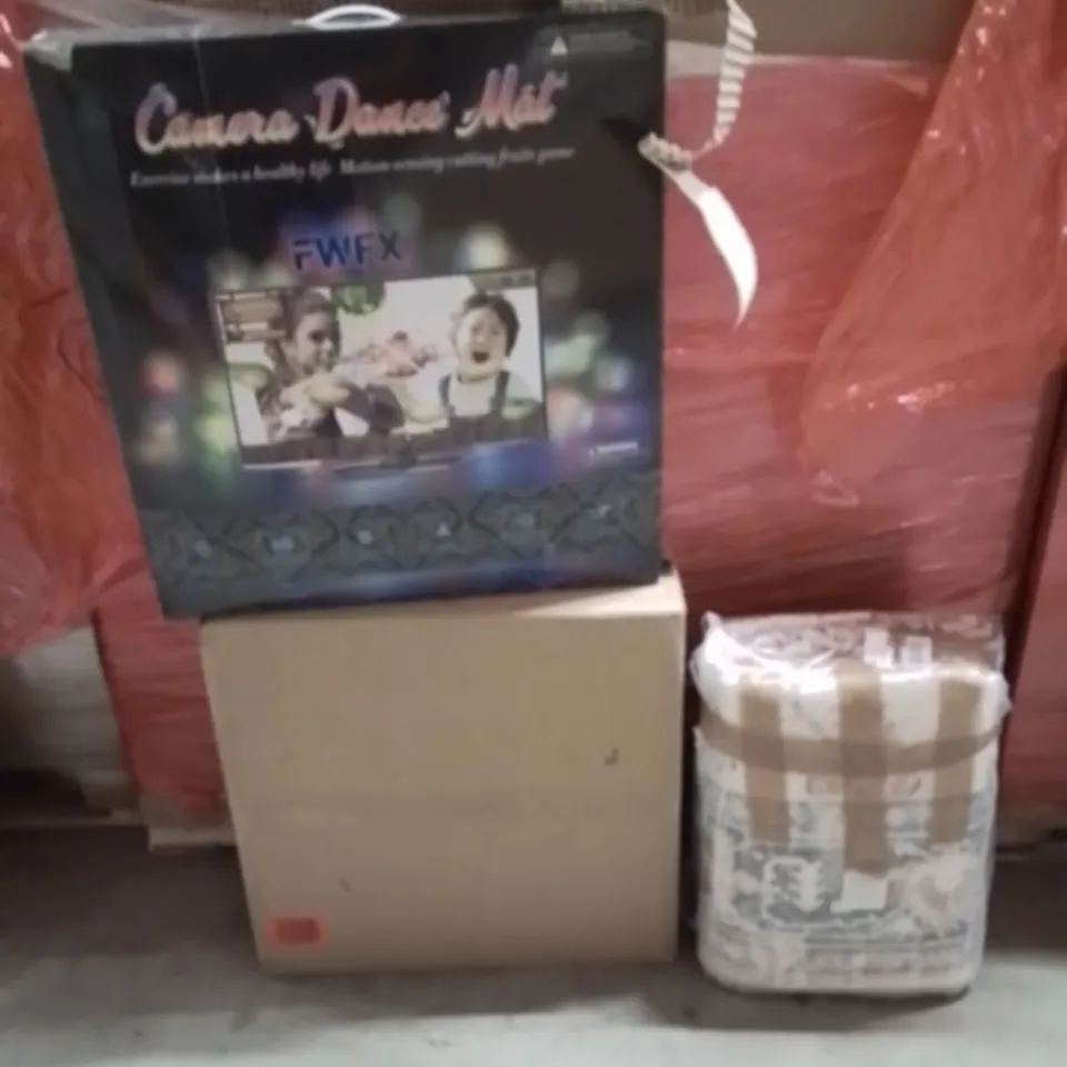 PALLET OF ASSORTED HOUSEHOLD GOODS AND PRODUCTS TO INCLUDE;CAMERA DANCE MAT GAME,CEILING FAN LIGHT,AREA RUG