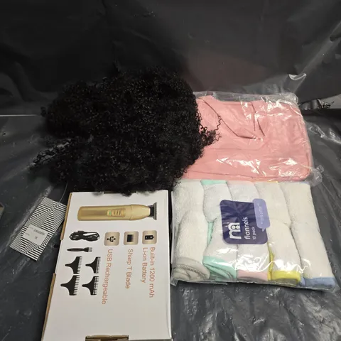 APPROXIMATELY 20 ASSORTED COSMETICS ITEMS TO INCLUDE WIGS , SHAVERS , ETC 