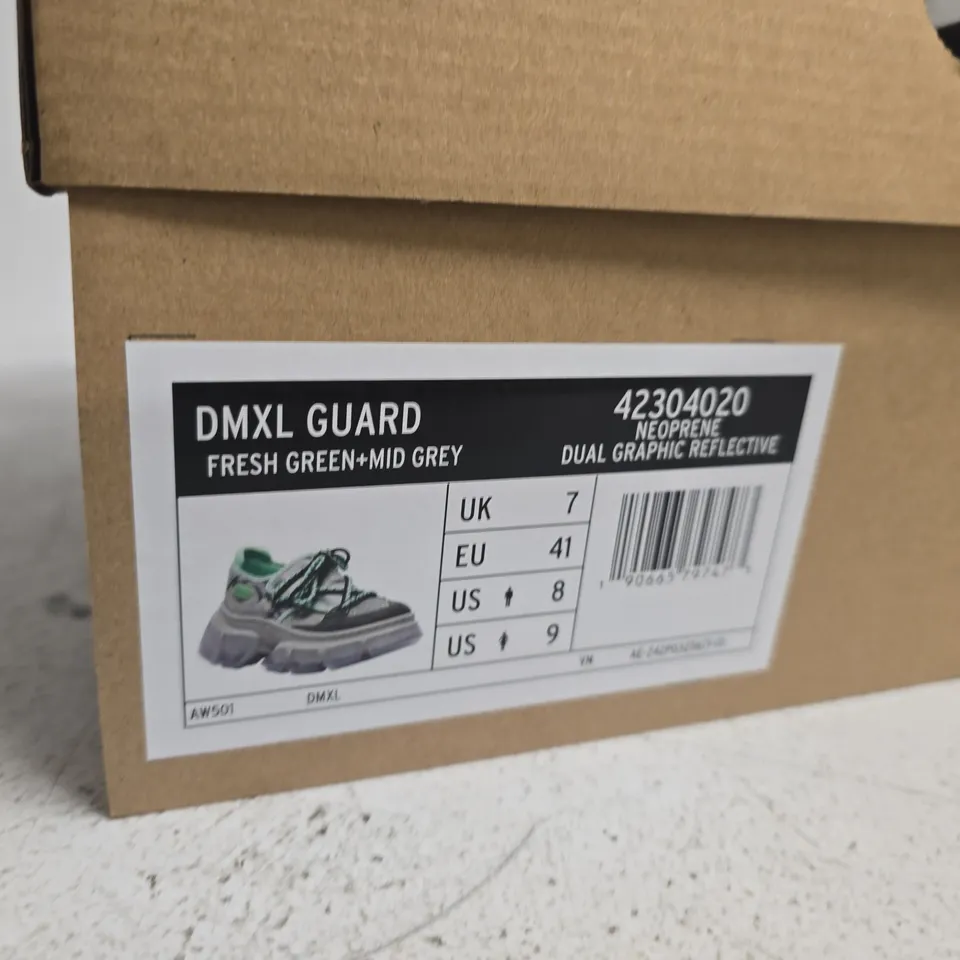 BOXED PAIR OF DR. MARTENS DMXL GUARD SNEAKERS – FRESH GREEN + MID GREY, UK 7
