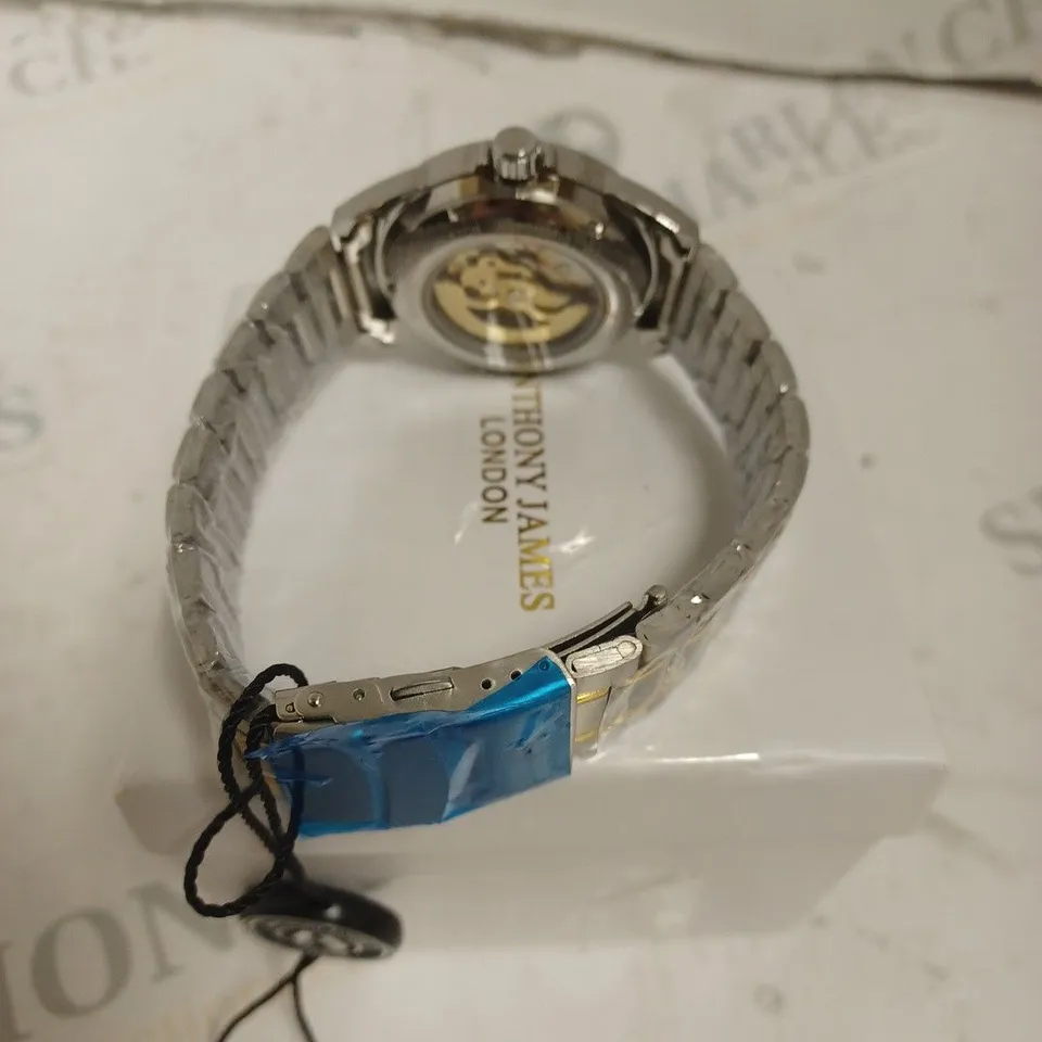 BOXED ANTHONY JAMES GENTS LIMITED EDITION SKELETON AUTOMATIC  STAINLESS STEEL WATCH - WATER RESISTANT. 