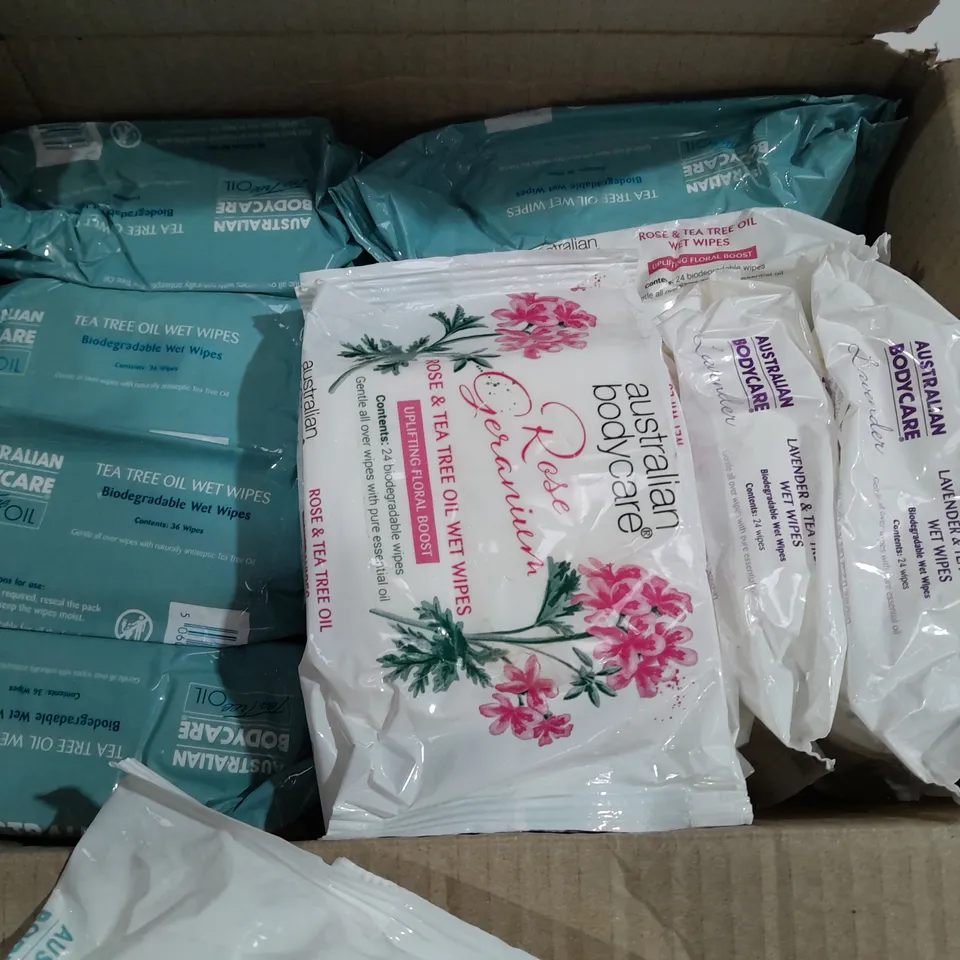 BOX OF 14 ASSORTED AUSTRALIAN BODYCARE OIL WET WIPES TO INCLUDE ROSE AND TEA TREE, TEA TREE, LAVENDER AND TEA TREE.