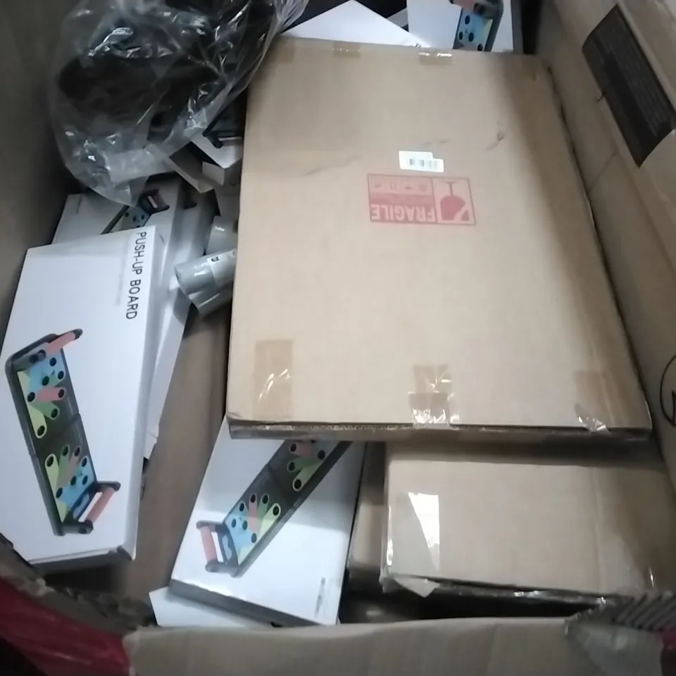 PALLET OF HOUSEHOLD ITEMS TO INCLUDE PUSH UP BOARDS, AIR FRYER, OUTSIDE DOG BEDS AND LIGITDCH SURROUND SOUND SPEAKERS ECT  