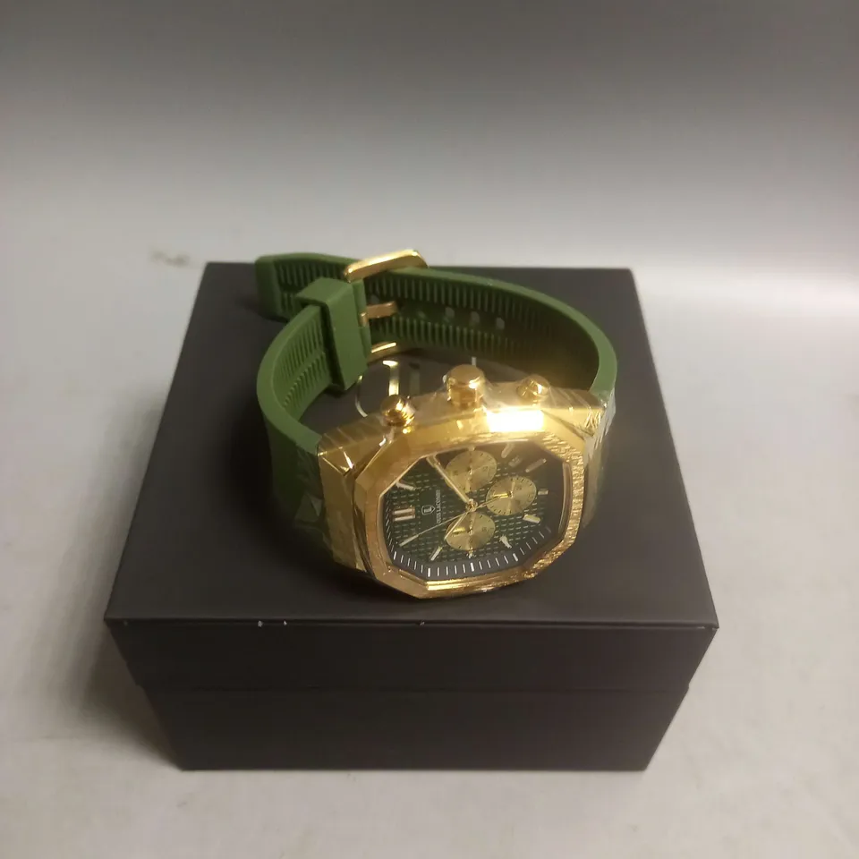 BOXED LOUIS LACOMBE SILICONE WRIST WATCH IN GOLD/GREEN
